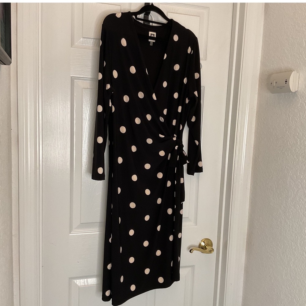 Anne Klein Womens Black White Polka Dot Faux Wrap Dress Long Sleeve L